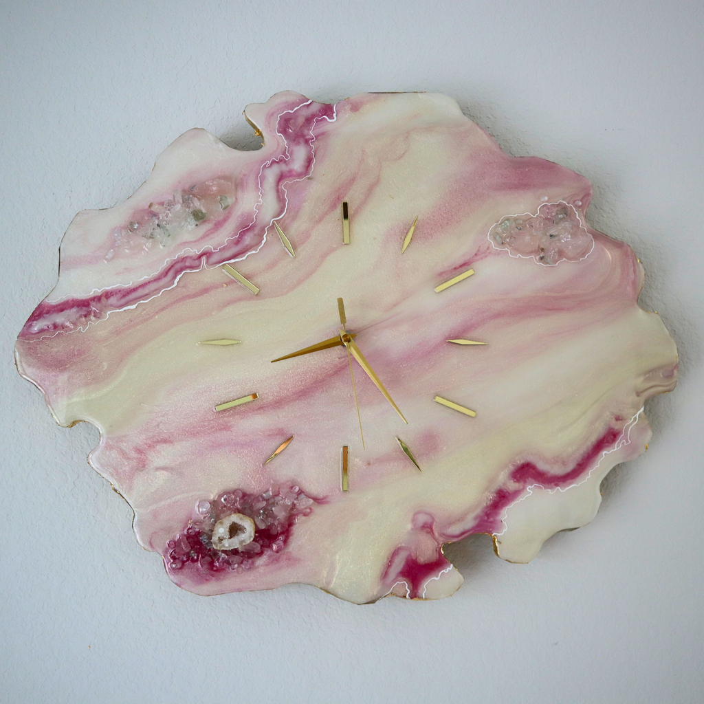 Rose Quartz Geode Wall Clock | Handmade Crystal Inspired Resin Wall Art | Luxury Pink Home Décor