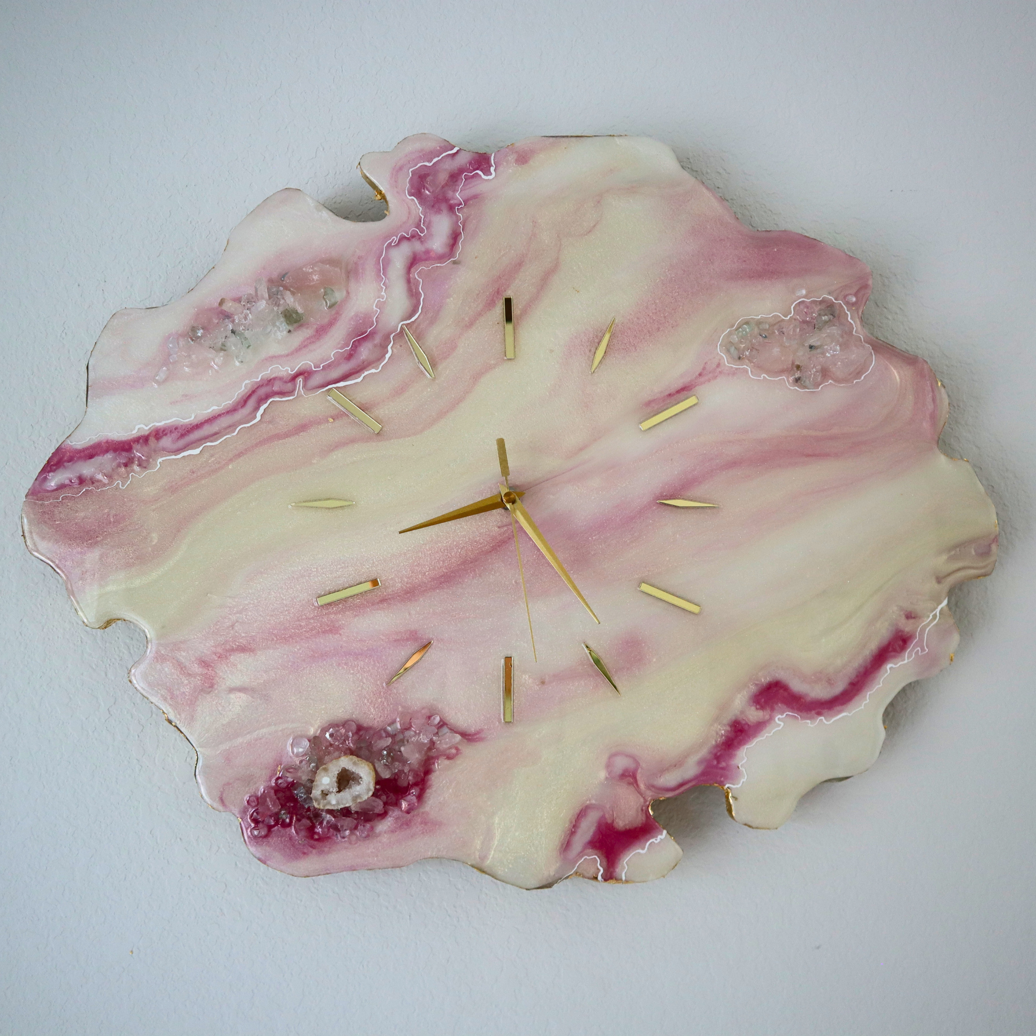 Rose Quartz Geode Wall Clock | Handmade Crystal Inspired Resin Wall Art | Luxury Pink Home Décor