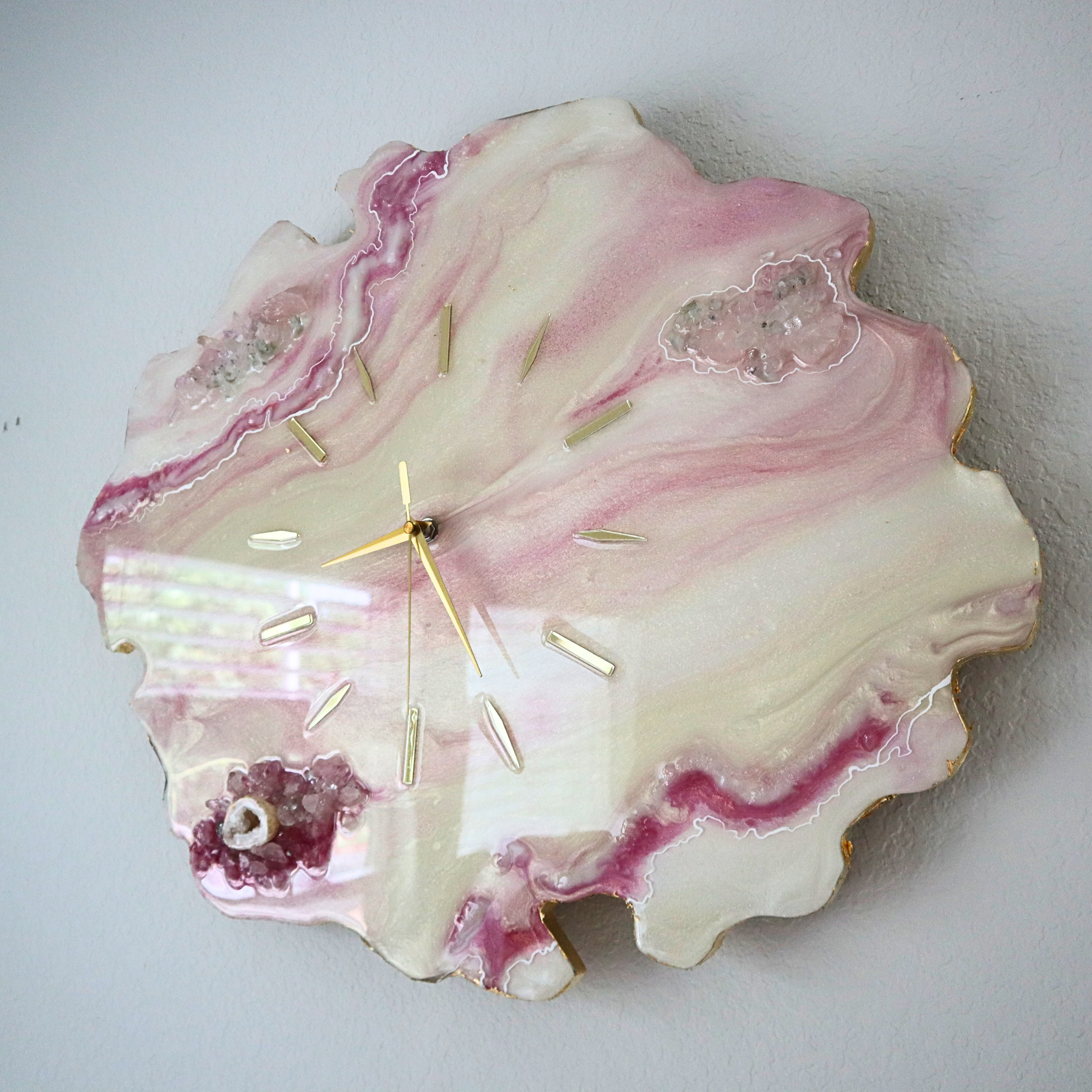 Rose Quartz Geode Wall Clock | Handmade Crystal Inspired Resin Wall Art | Luxury Pink Home Décor