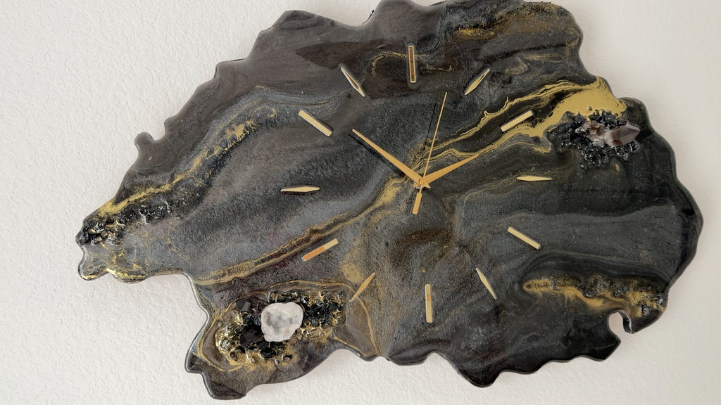 Black Geode Smokey Quartz Clock | Luxury Resin Wall Clock | Crystal Wall Art