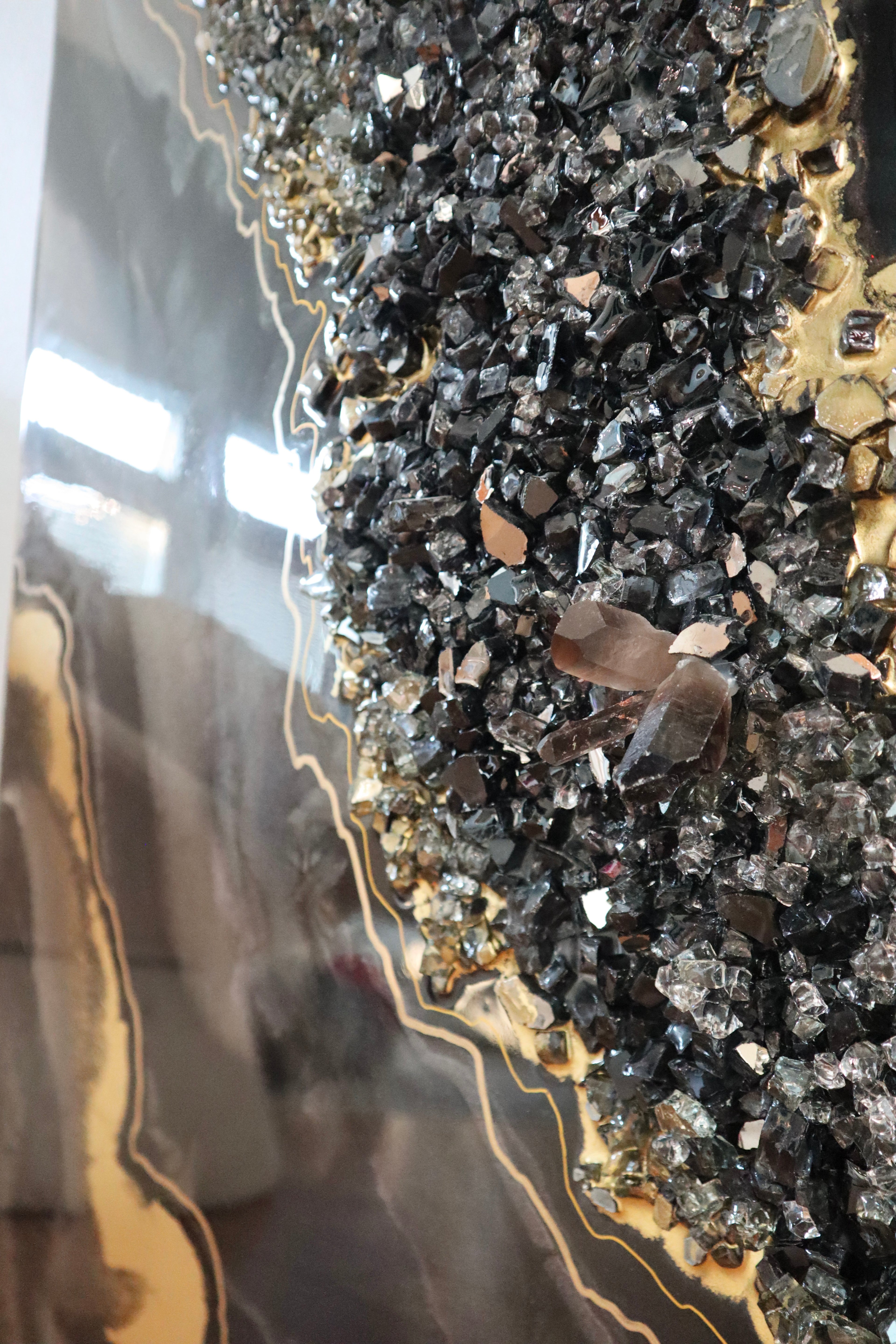 Smoky Quartz Luxe Resin Wall Art – Black Crystal & Gold Statement Panel