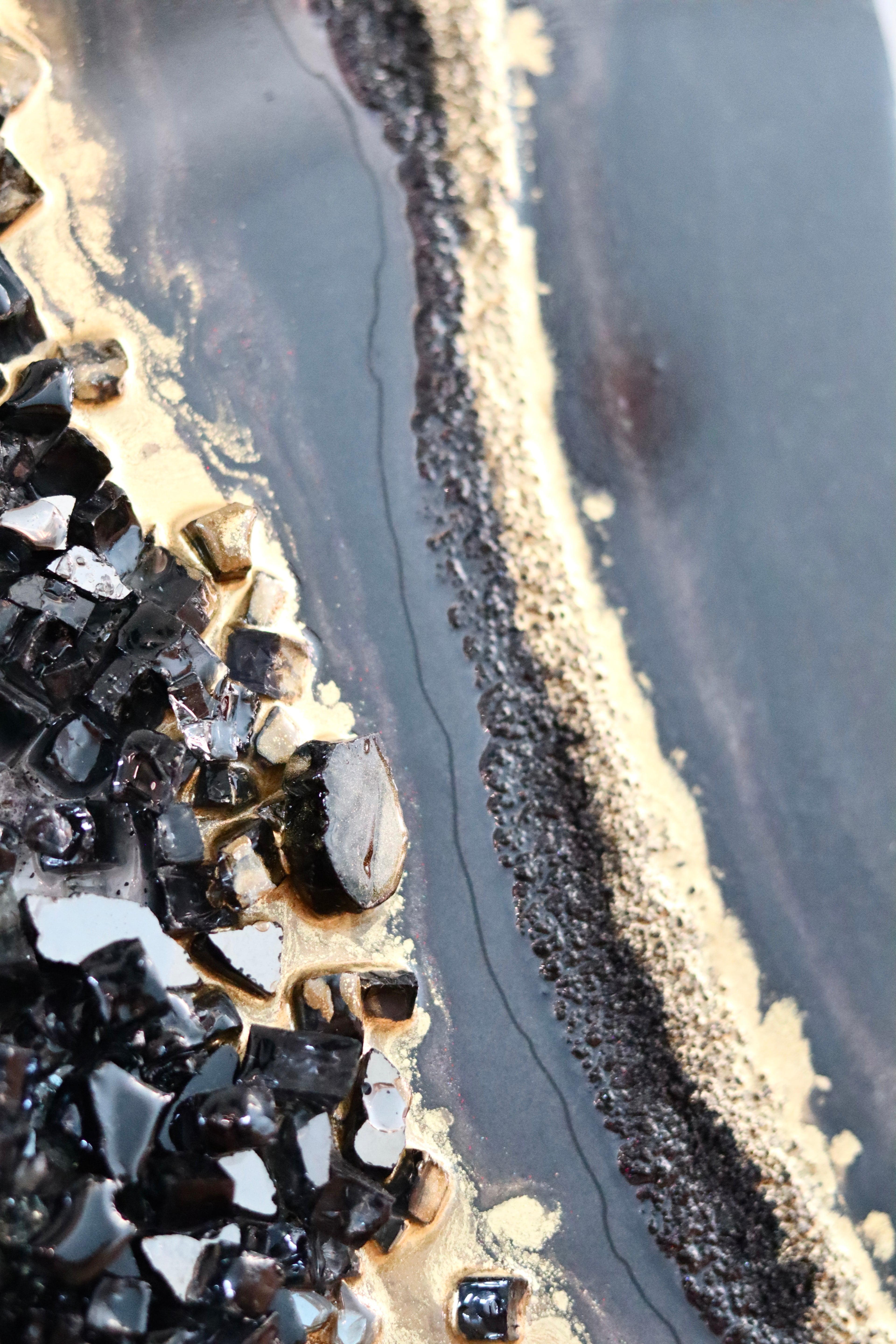 Smoky Quartz Luxe Resin Wall Art – Black Crystal & Gold Statement Panel