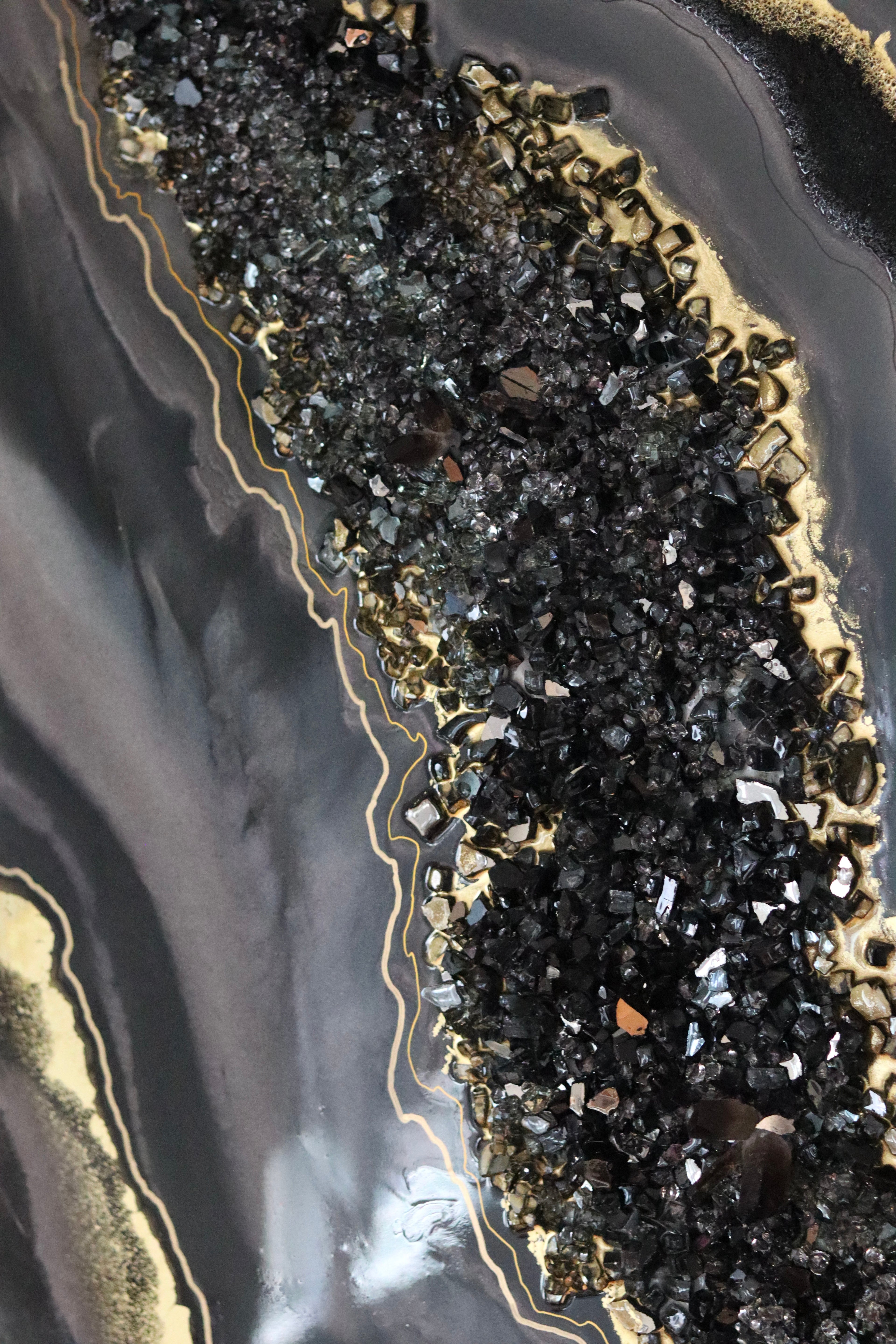 Smoky Quartz Luxe Resin Wall Art – Black Crystal & Gold Statement Panel