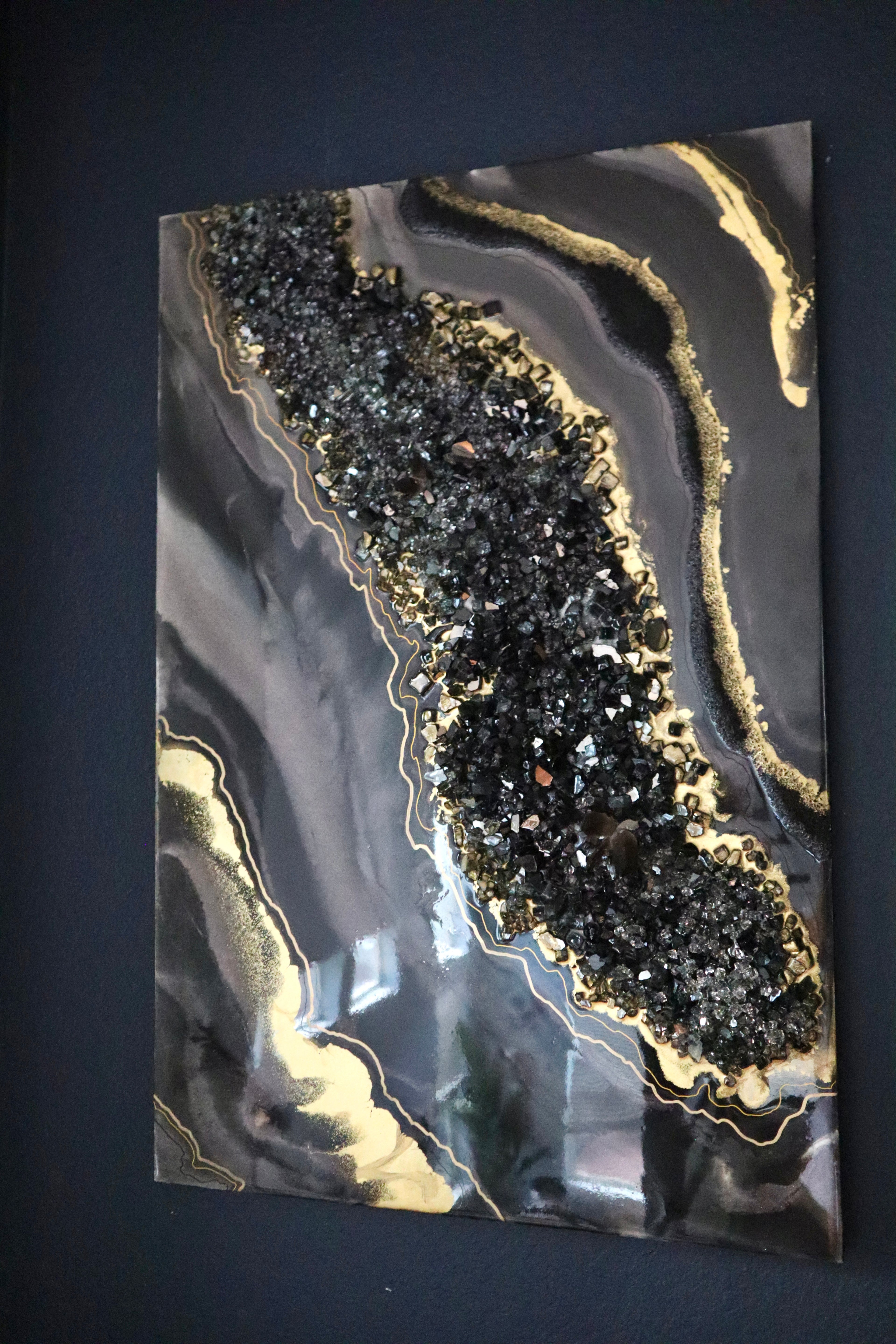 Smoky Quartz Luxe Resin Wall Art – Black Crystal & Gold Statement Panel
