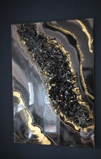 Smoky Quartz Luxe Resin Wall Art – Black Crystal & Gold Statement Panel