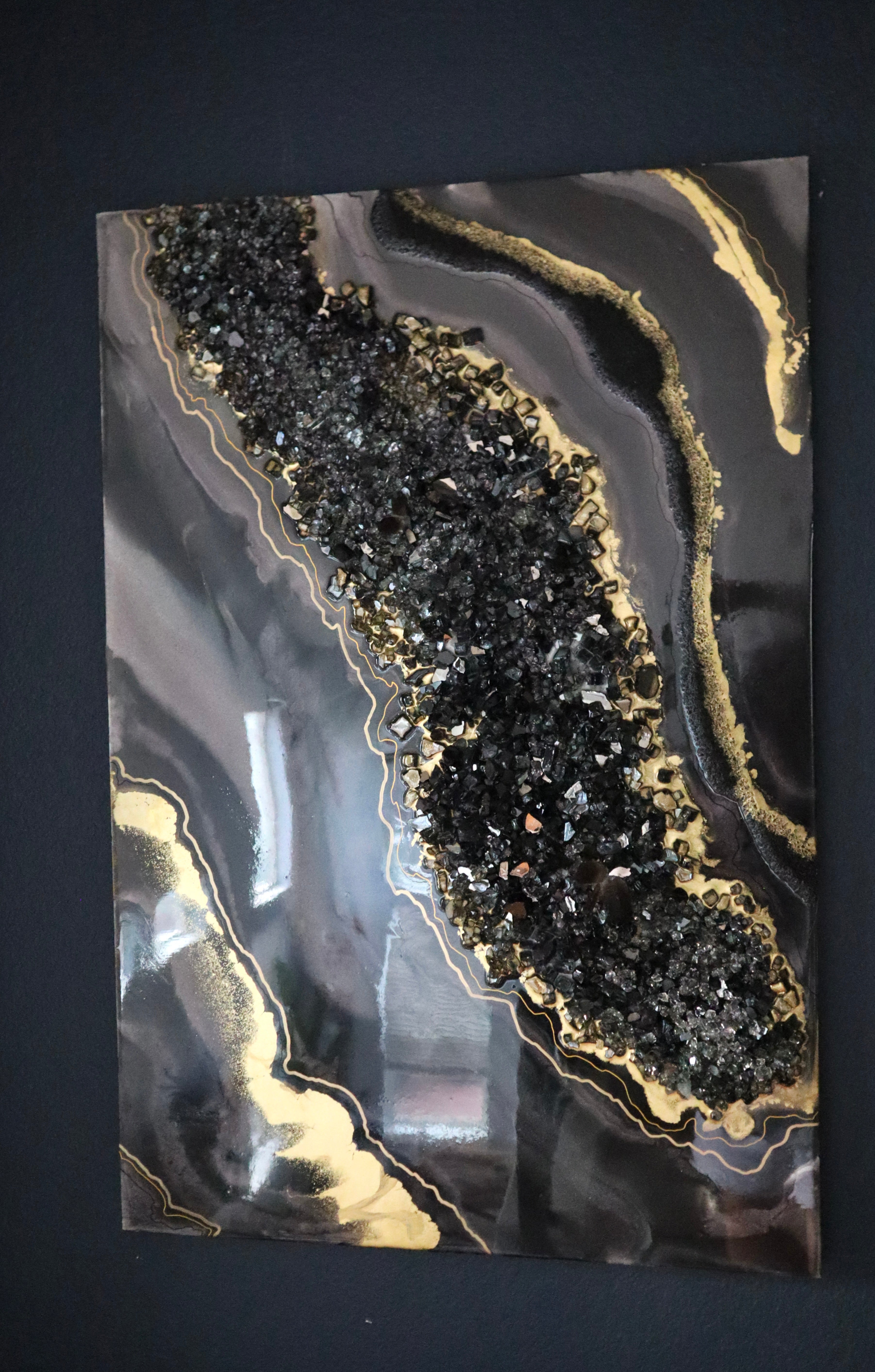 Smoky Quartz Luxe Resin Wall Art – Black Crystal & Gold Statement Panel