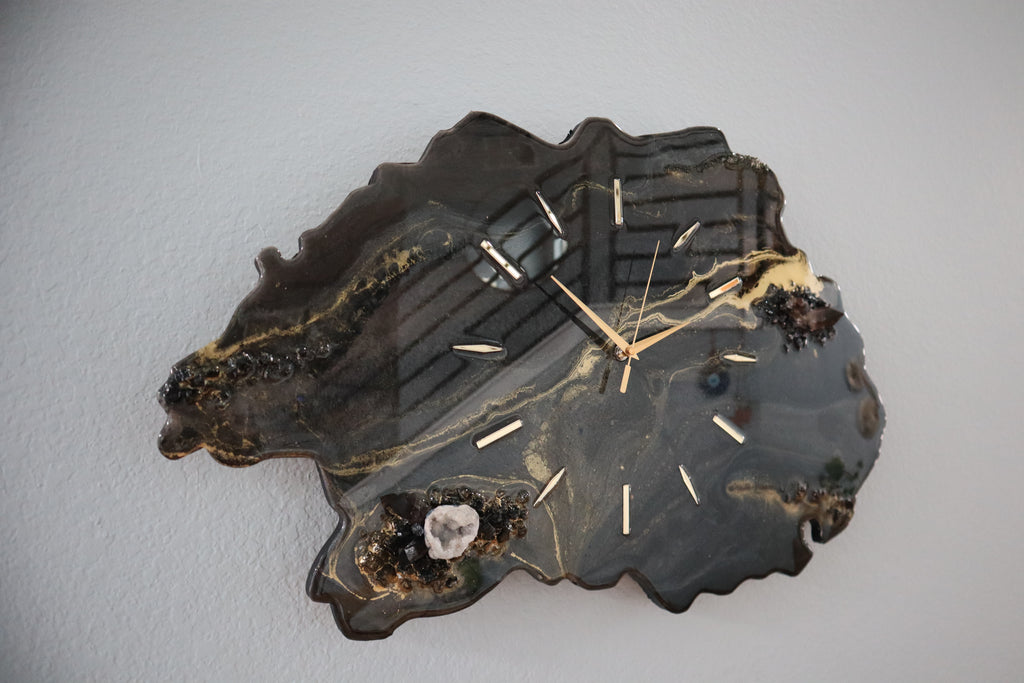 Black Geode Smokey Quartz Clock | Luxury Resin Wall Clock | Crystal Wall Art