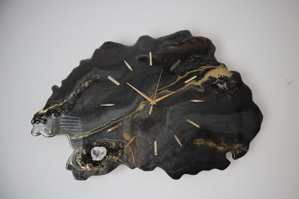 Black Geode Smokey Quartz Clock | Luxury Resin Wall Clock | Crystal Wall Art
