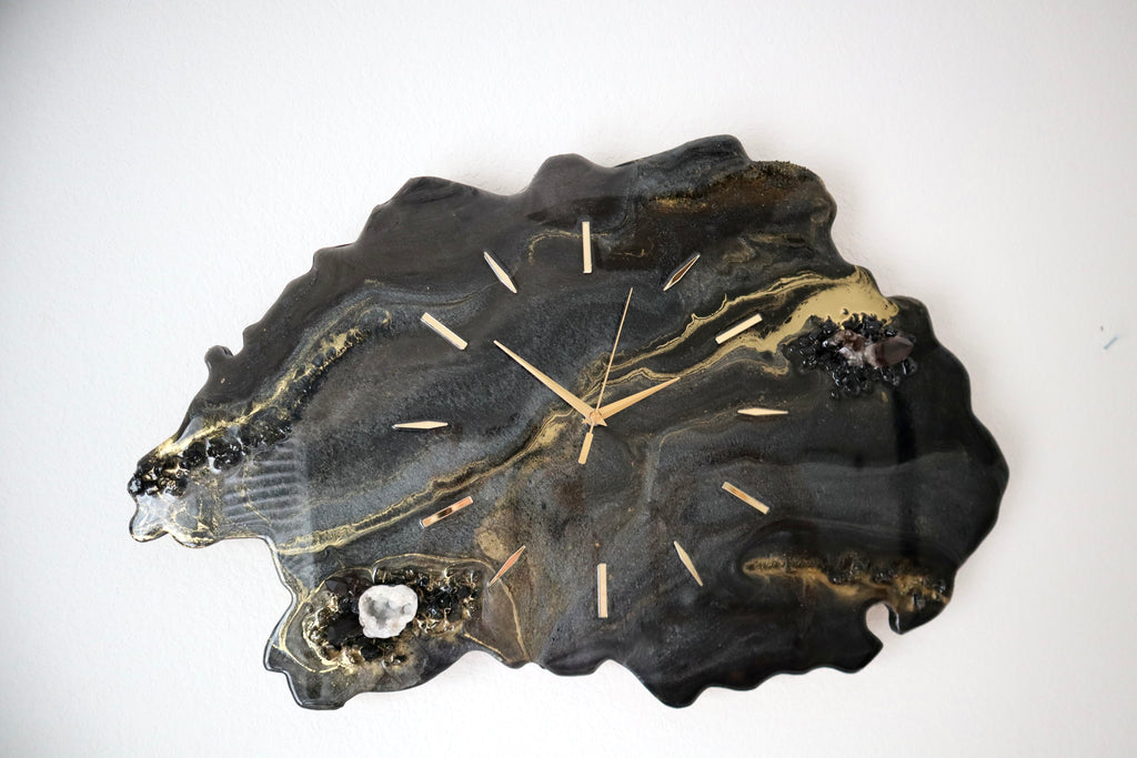 Black Geode Smokey Quartz Clock | Luxury Resin Wall Clock | Crystal Wall Art