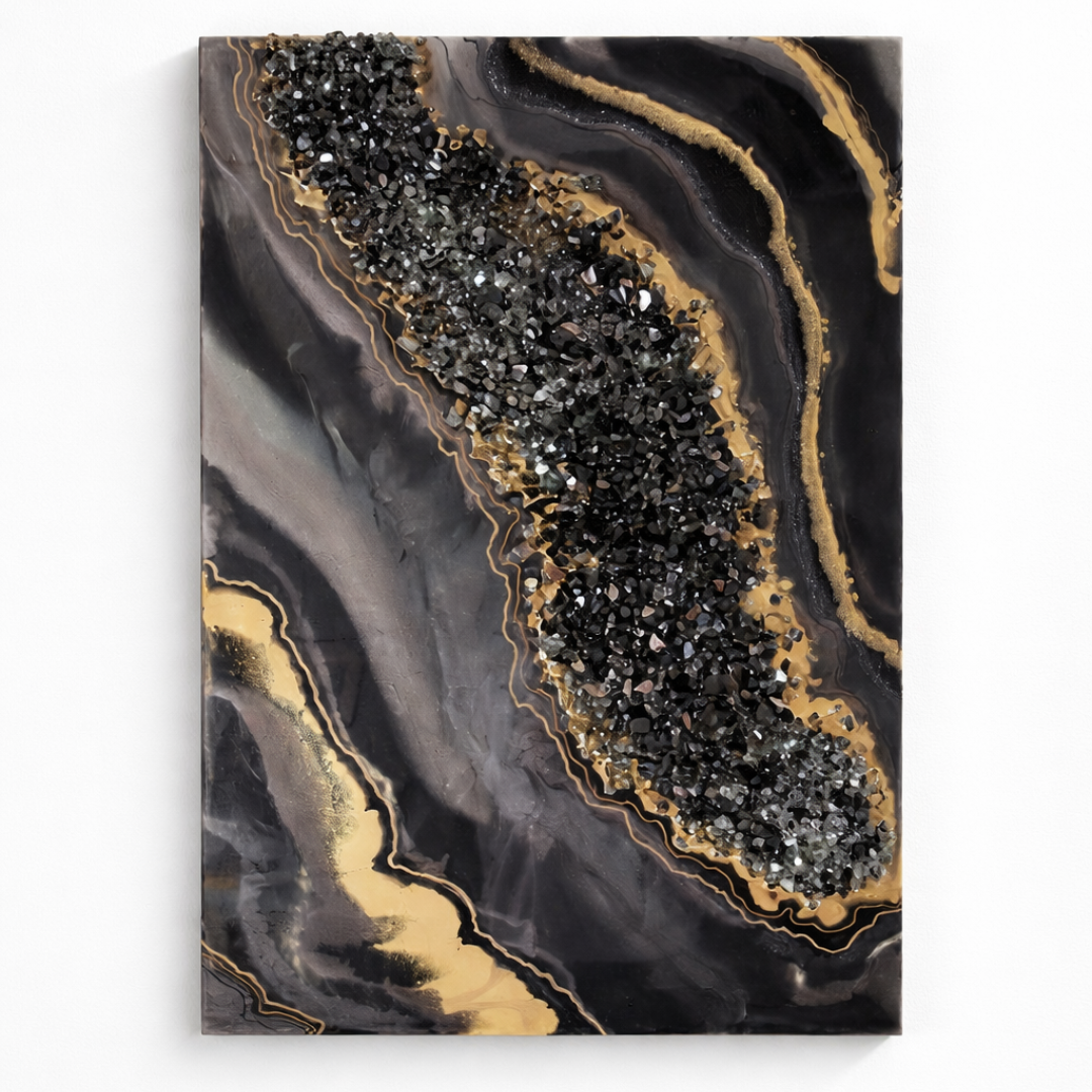 Smoky Quartz Luxe Resin Wall Art – Black Crystal & Gold Statement Panel