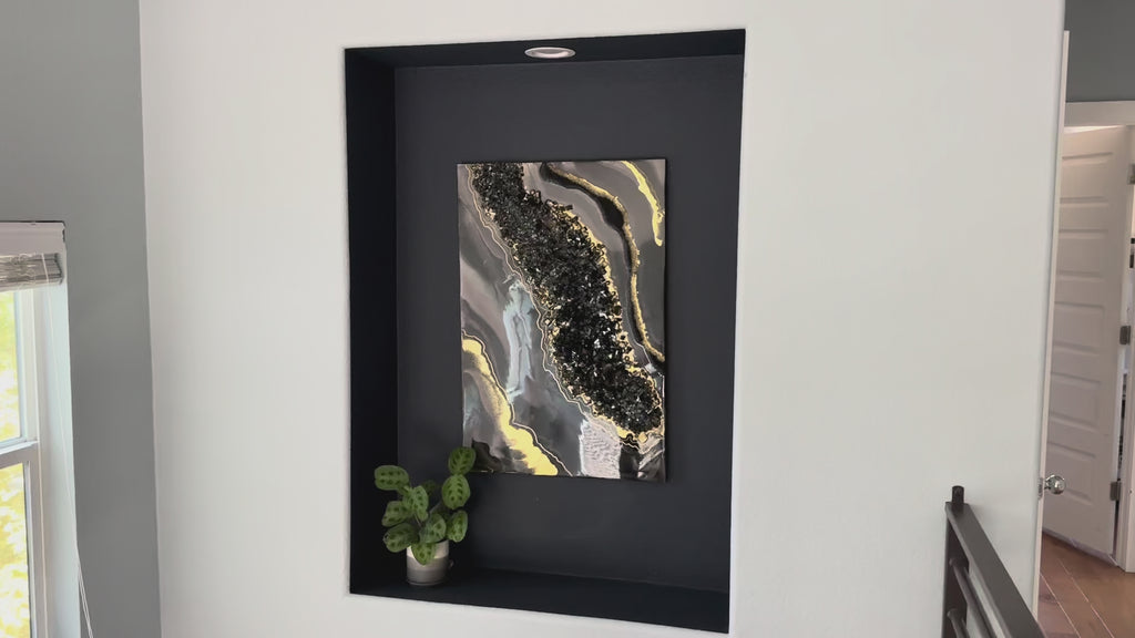 Smoky Quartz Luxe Resin Wall Art – Black Crystal & Gold Statement Panel
