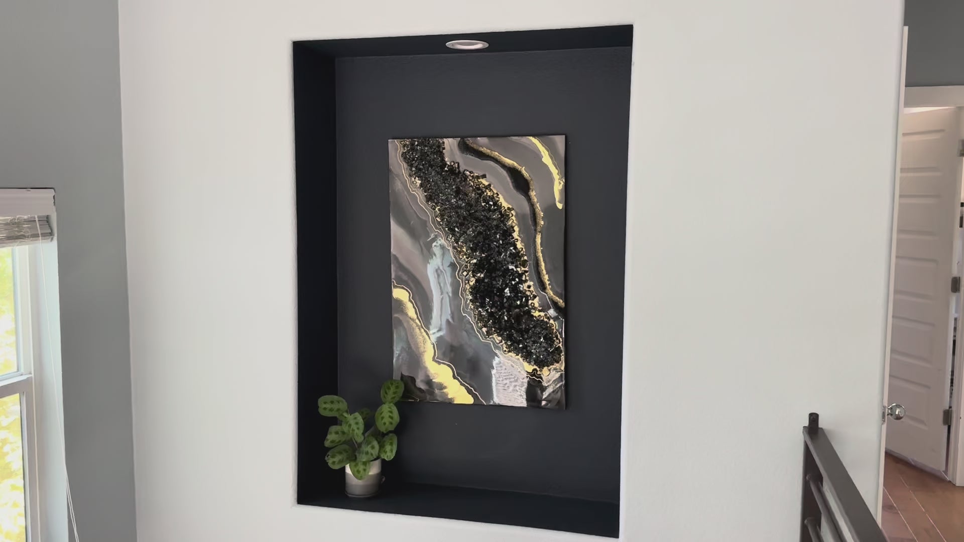 Smoky Quartz Luxe Resin Wall Art – Black Crystal & Gold Statement Panel