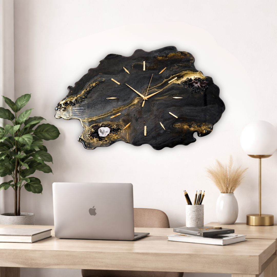 Black Geode Smokey Quartz Clock | Luxury Resin Wall Clock | Crystal Wall Art